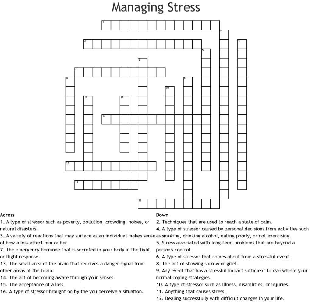 Printable Stress Management Crossword Puzzle Printable