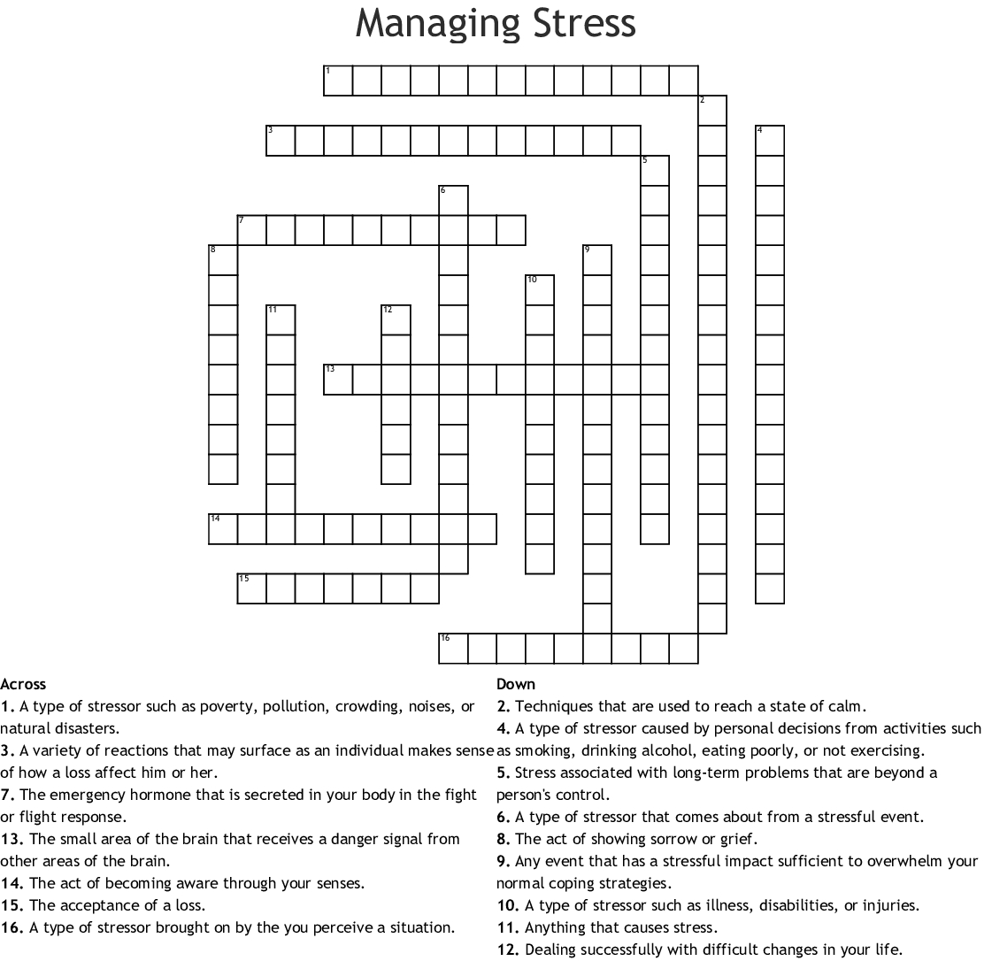 Printable Stress Management Crossword Puzzle Printable 