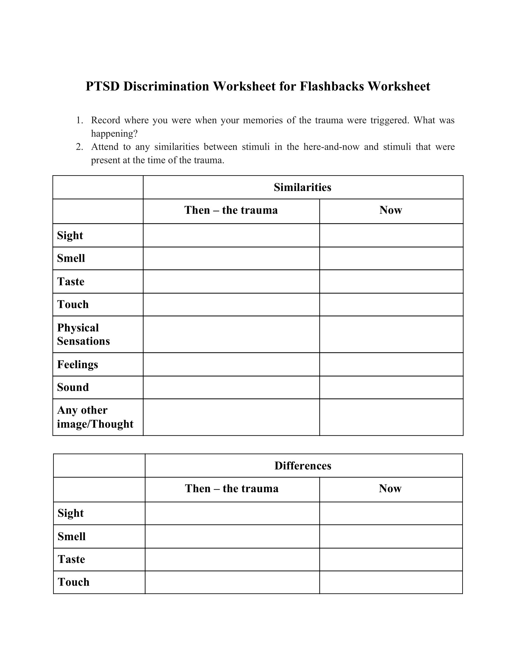 PTSD Discrimination Worksheet For Flashbacks Worksheet 