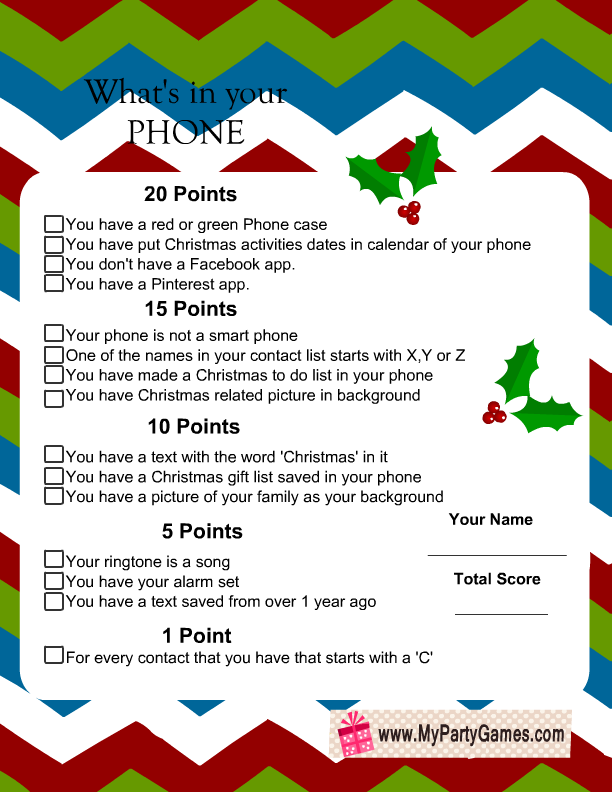 What s In You Phone Free Printable Christmas Game