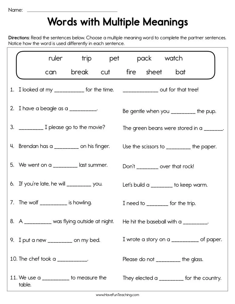 Words With Multiple Meanings Worksheet Multiple Meaning 