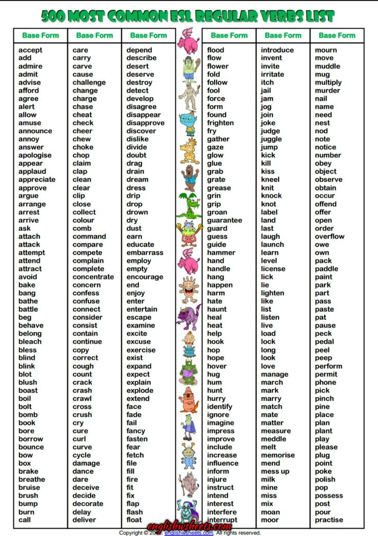 500 Most Common Regular Verbs List ESL Handout Regular 