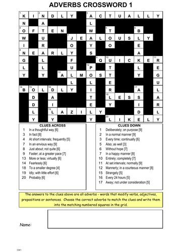 ADVERBS CROSSWORDS Crossword Adverbs Crossword Puzzles