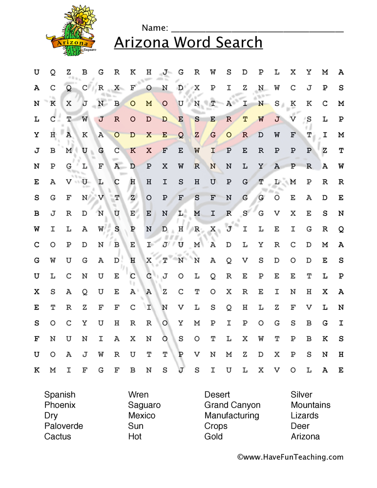 Arizona Word Search Worksheet Have Fun Teaching