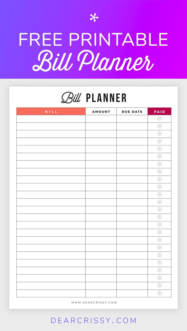 Bill Planner Printable Free Printable Bill Planner 