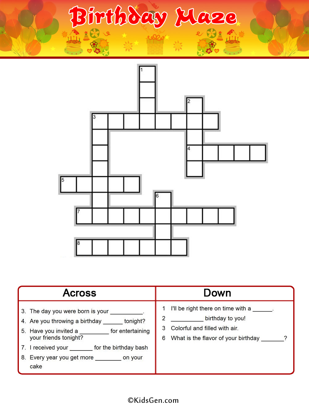 Birthday Colored Crossword Template