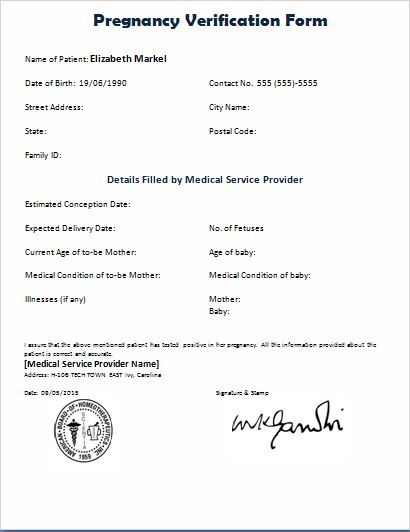 Formal Pregnancy Verification Form Printable Medical