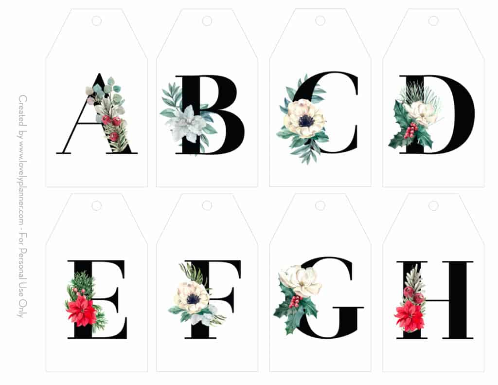 Free Printable Christmas Initial Gift Tags Floral Letters 