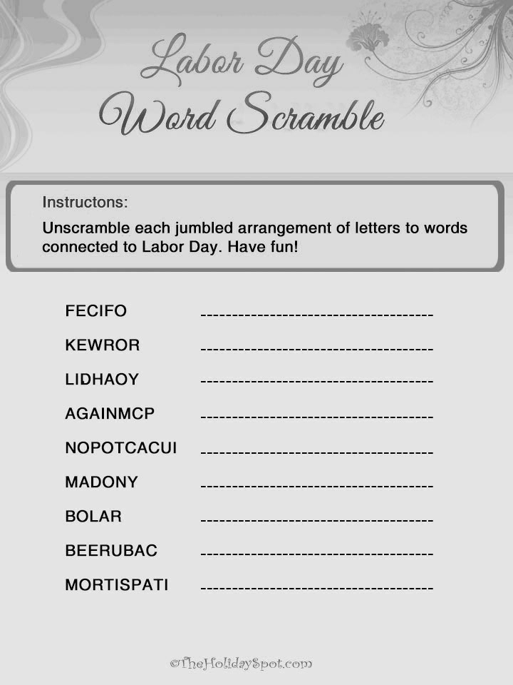 Labor Day Black And White Word Scramble Puzzle Template