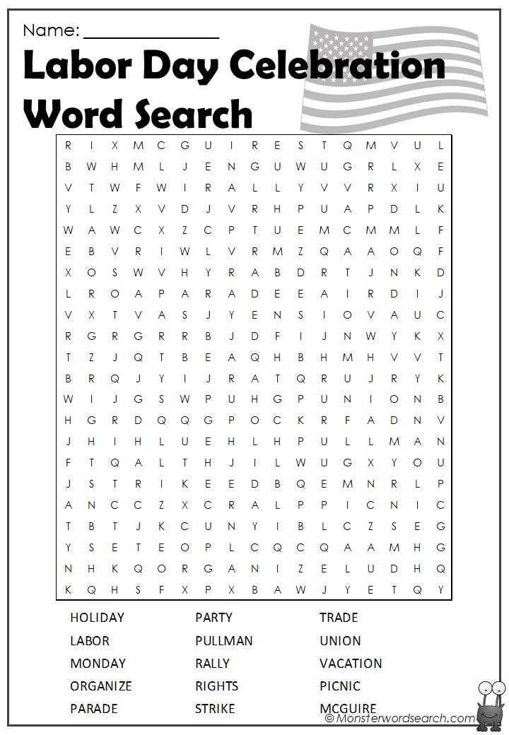 Labor Day Word Search Monster Word Search