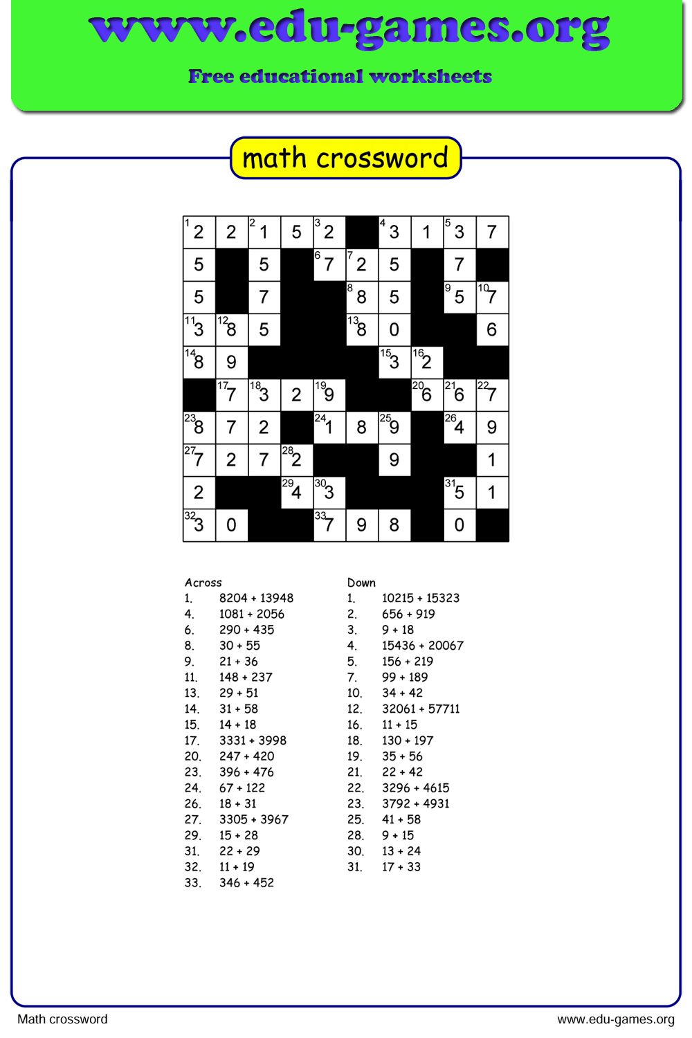 Math Crossword Puzzle Maker Free Printable Worksheets