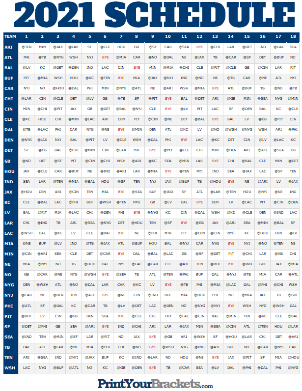 NFL Full Season Schedule Grid 2021 Printable