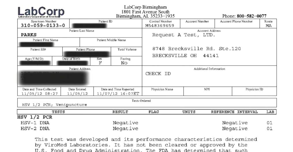 Parks s Testimonial PCR Test Results Negative herpes 