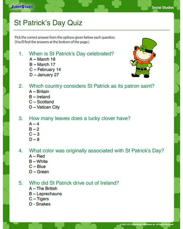 St Patrick s Day Quiz View Fun Holiday Activity For Kids 