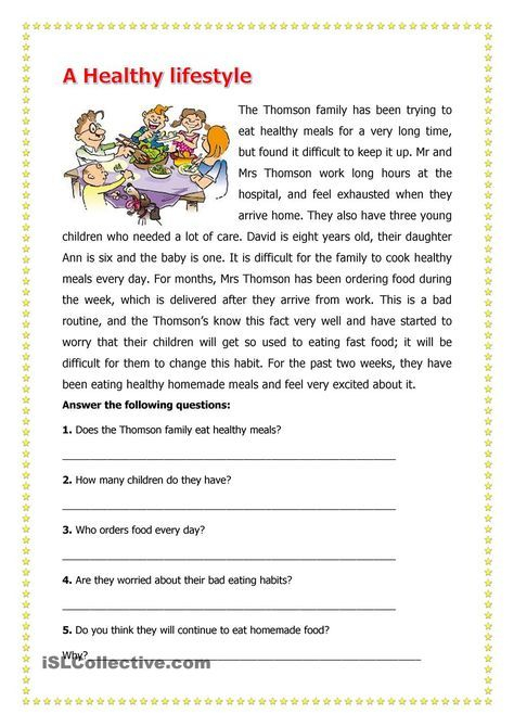 A Healthy LifeStyle Reading Comprehension Worksheets 