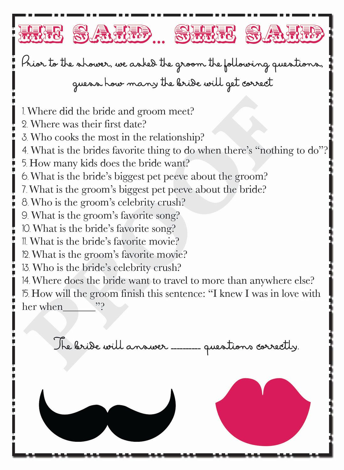 Bridal Shower Game He Said She Said Questions Digital 