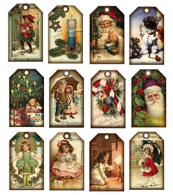 Christmas Vintage ArT Hang Gift Tags Santa Claus Candy Cane