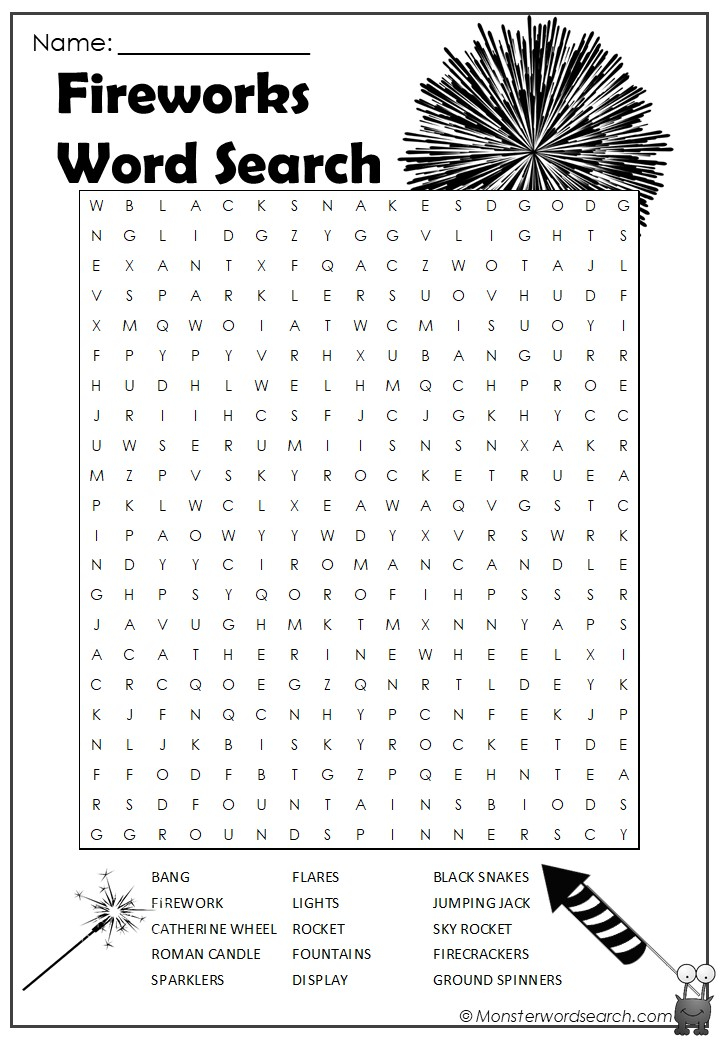 Fireworks Word Search Monster Word Search