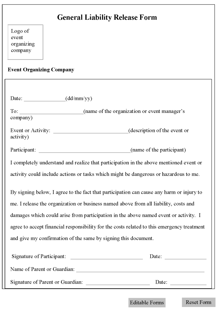 Free Printable Liability Form Template Form GENERIC