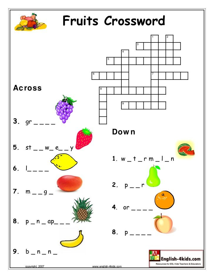 Fruits Crossword Word Puzzles For Kids English 