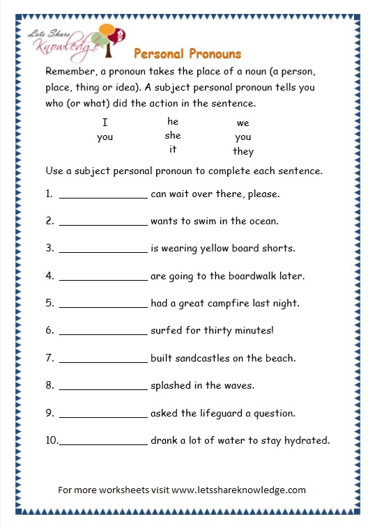 Grade 3 Grammar Topic 10 Personal Pronouns Worksheets 