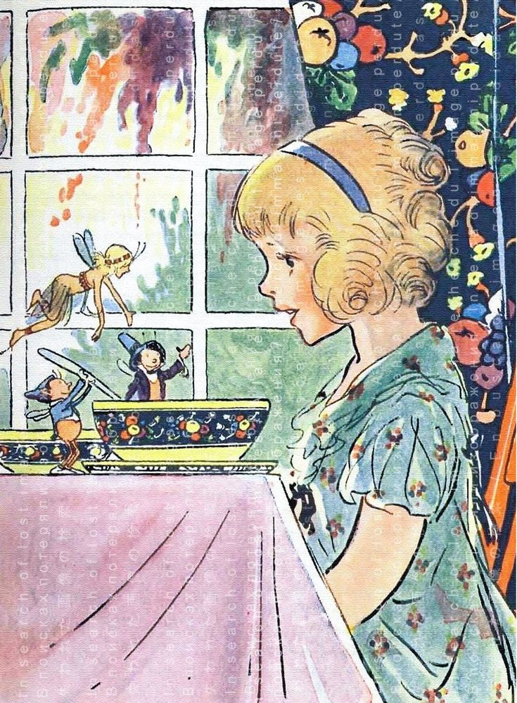 LITTLE GIRL Having Breakfast With Fairies Lovely Vintage 