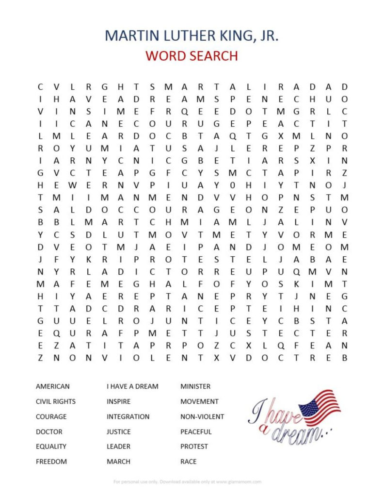 Martin Luther King Jr Word Search Printable Glamamom