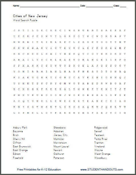 New Jersey Cities Printable Word Search Puzzle Student 