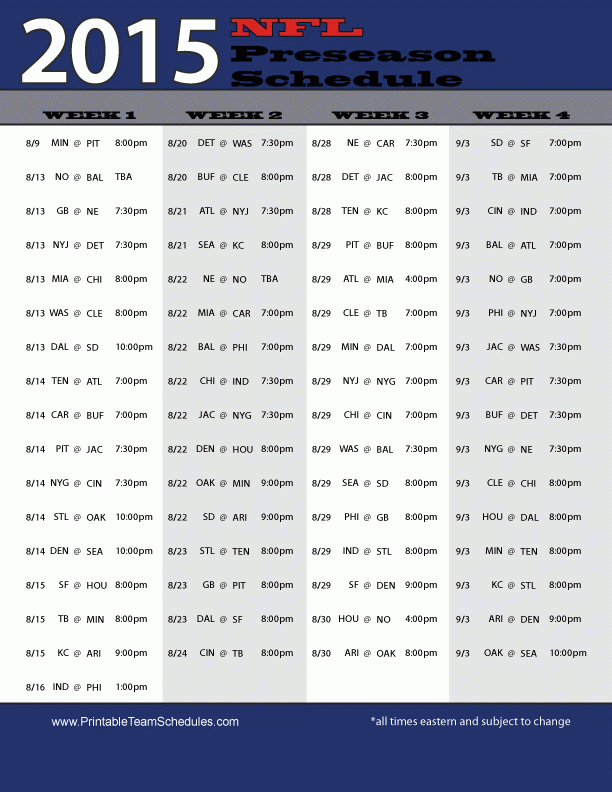NFL Preseason Schedule 2015 Printer Friendly Nfl Nfl 