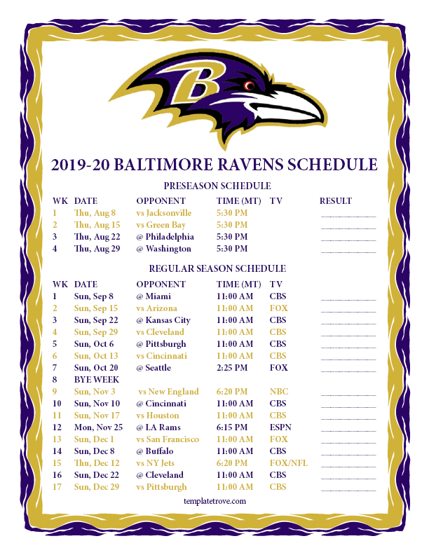 Printable 2019 2020 Baltimore Ravens Schedule