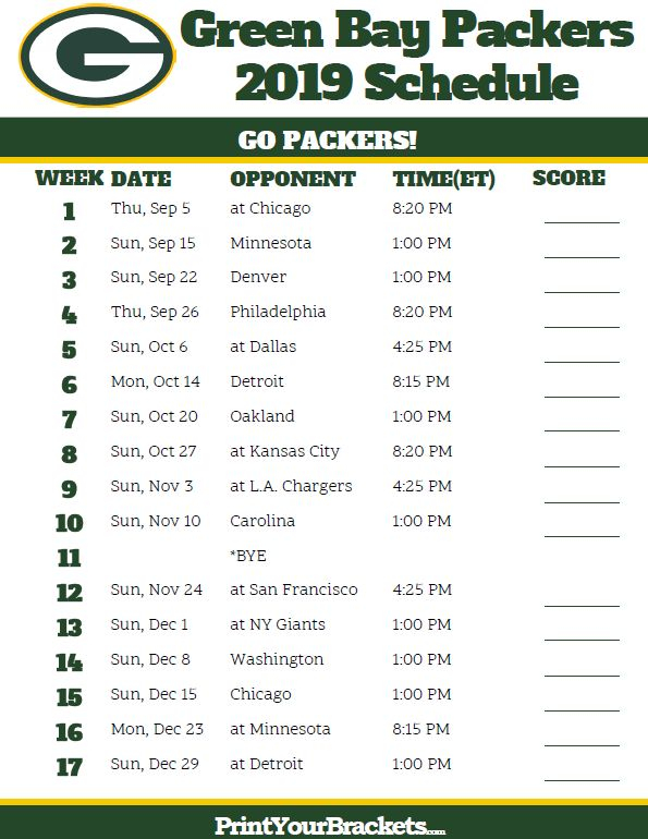Printable Green Bay Packers Schedule 2019 Season Green 