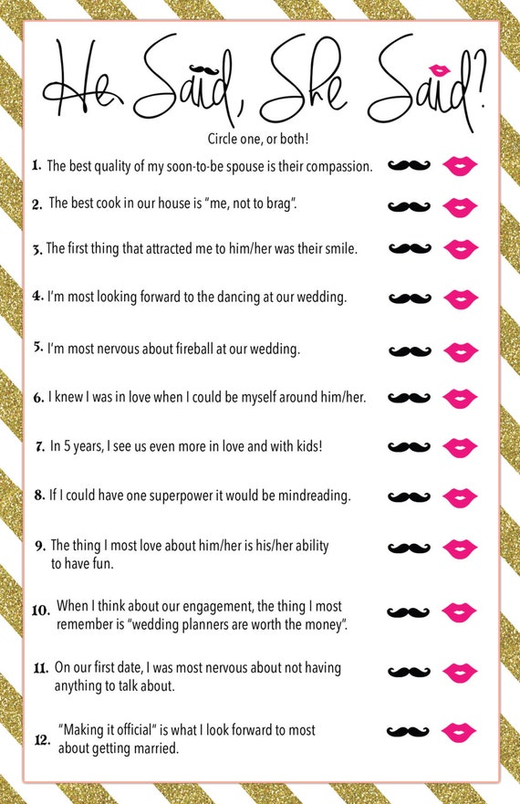 Printable He Said She Said Bridal Shower Game