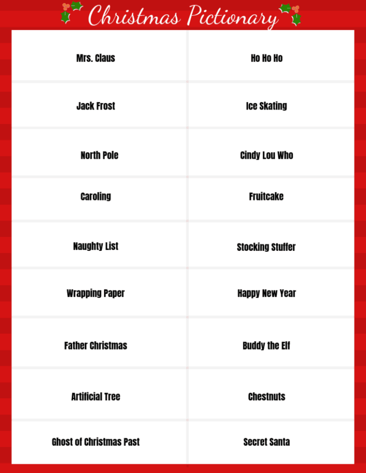 A Printable Word List For Christmas Pictionary Christmas Pictionary 