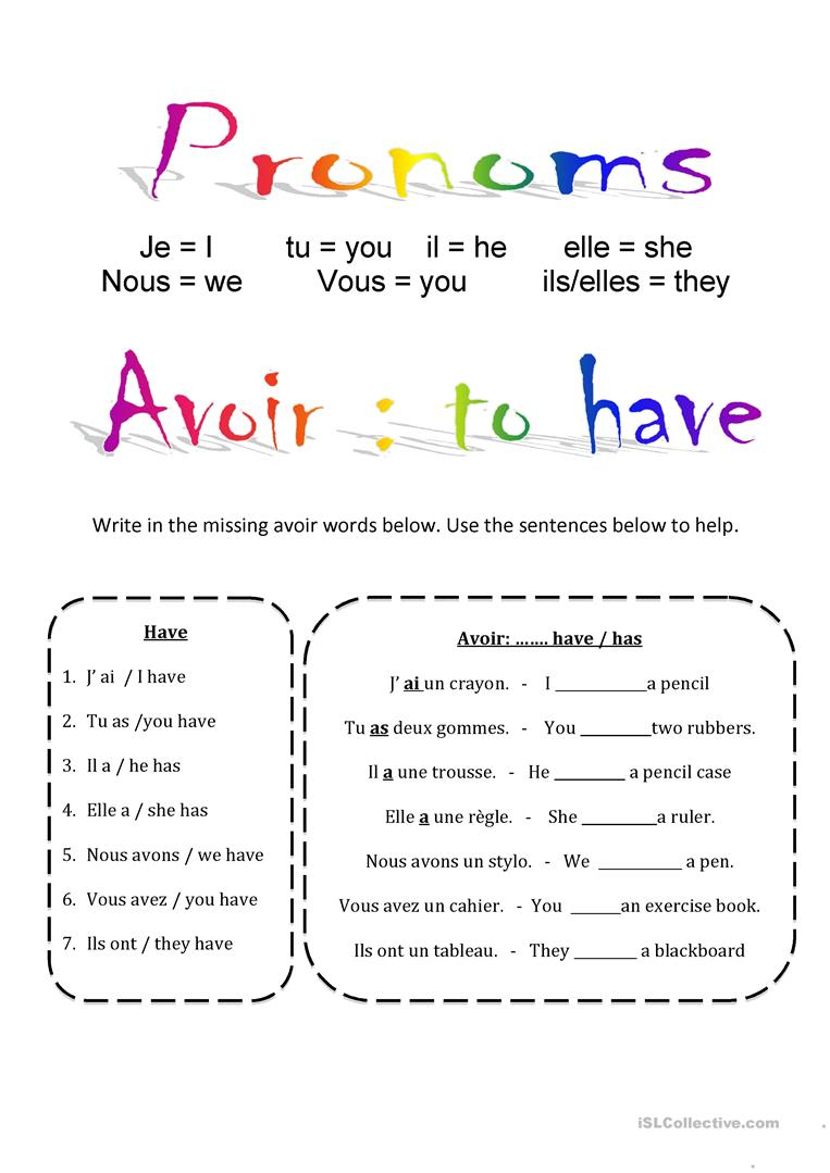 Avoir Etre Pronoms English Revision English ESL 