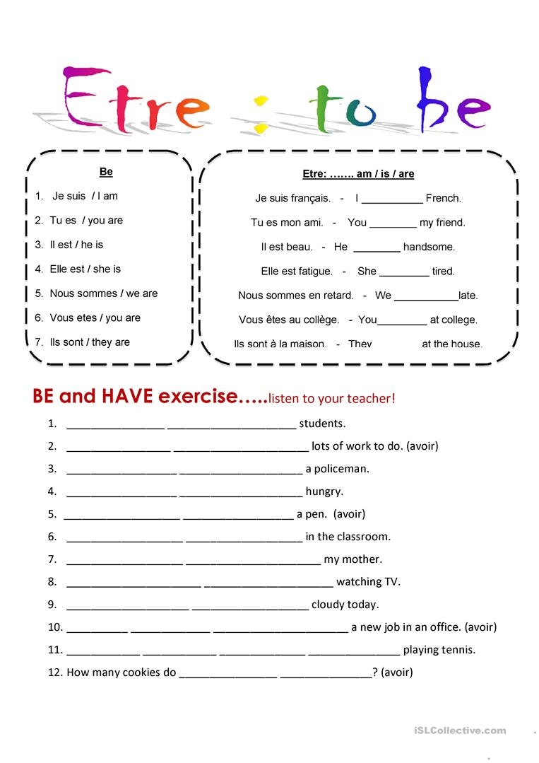 Avoir Etre Pronoms English Revision English ESL 