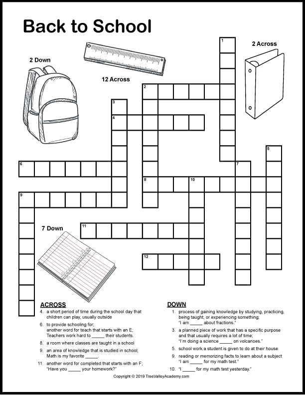 Back To School Crossword Puzzles Tree Valley Academy