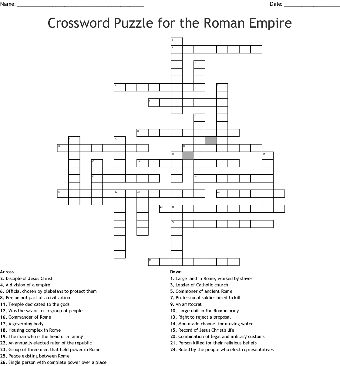 Crossword Puzzle For The Roman Empire WordMint