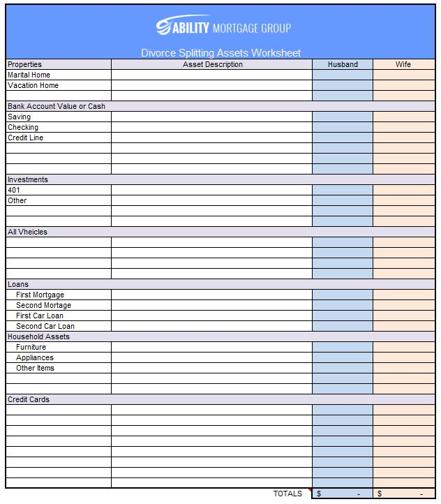 Divorce Splitting Assets Worksheet Spreadsheet PDF Download 