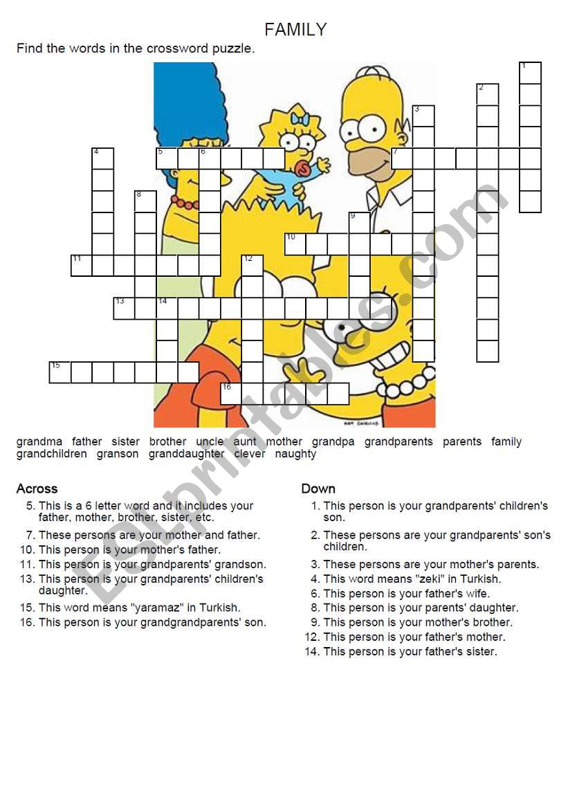 Family Members Crossword Puzzle ESL Worksheet By Tnrbasaran