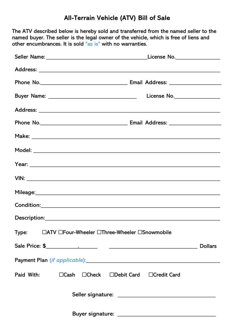 Free All Terrain Vehicle ATV Bill Of Sale Forms How To Fill 