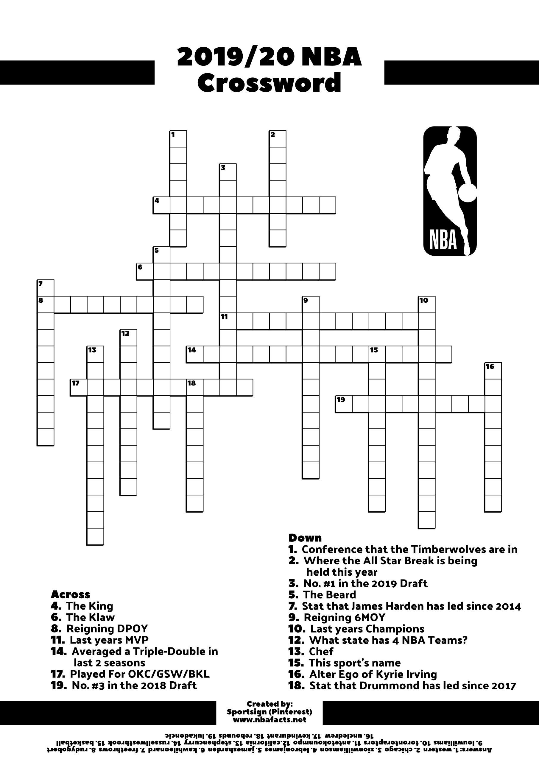 Free NBA Basketball Crossword Sports Crossword Crossword Nba