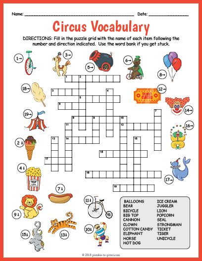 Free Printable Circus Vocabulary Image Crossword Word Puzzles For 
