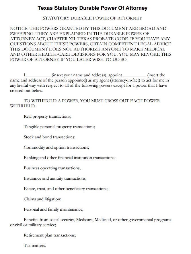 Free Texas Financial Durable Power Of Attorney Form PDF Template 
