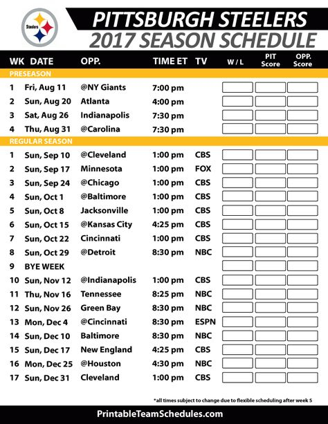Image Result For Steelers Schedule 2018 Printable Pittsburgh Steelers