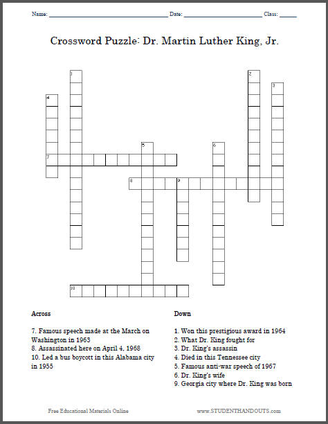 Martin Luther King Crossword Puzzle Student Handouts