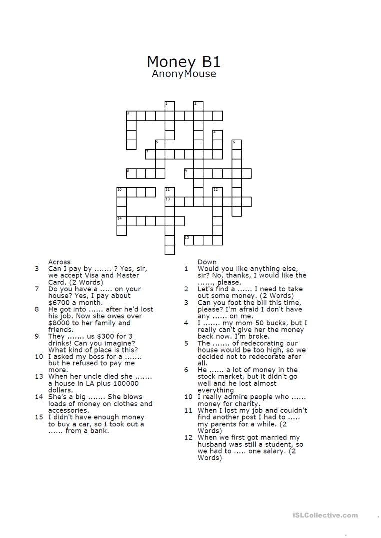 Money Crossword Puzzle English ESL Worksheets For Distance Learning 