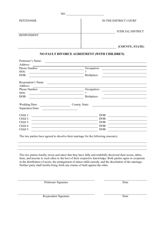 No Fault Divorce Agreement Template With Children 