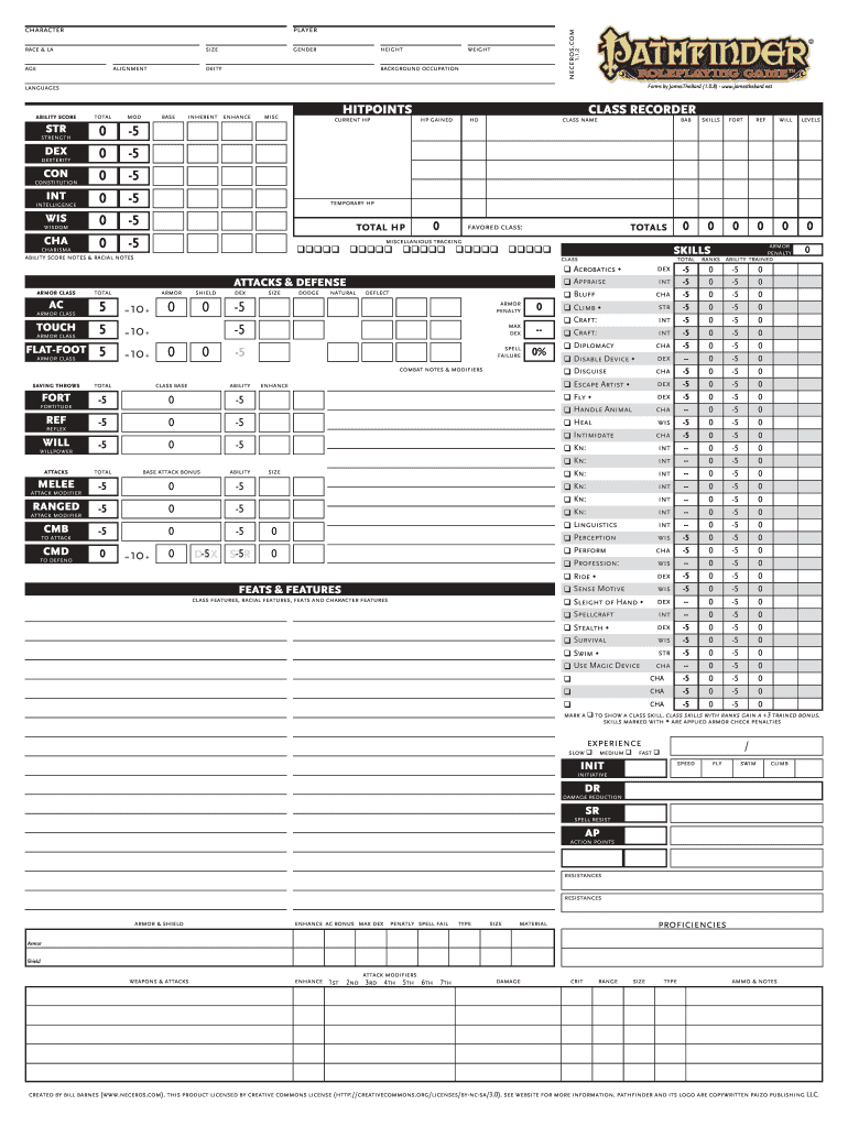 Pathfinder Character Sheet Fill Online Printable Fillable Blank 