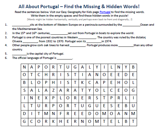 Portugal Worksheet FREE Word Search Puzzles Printable