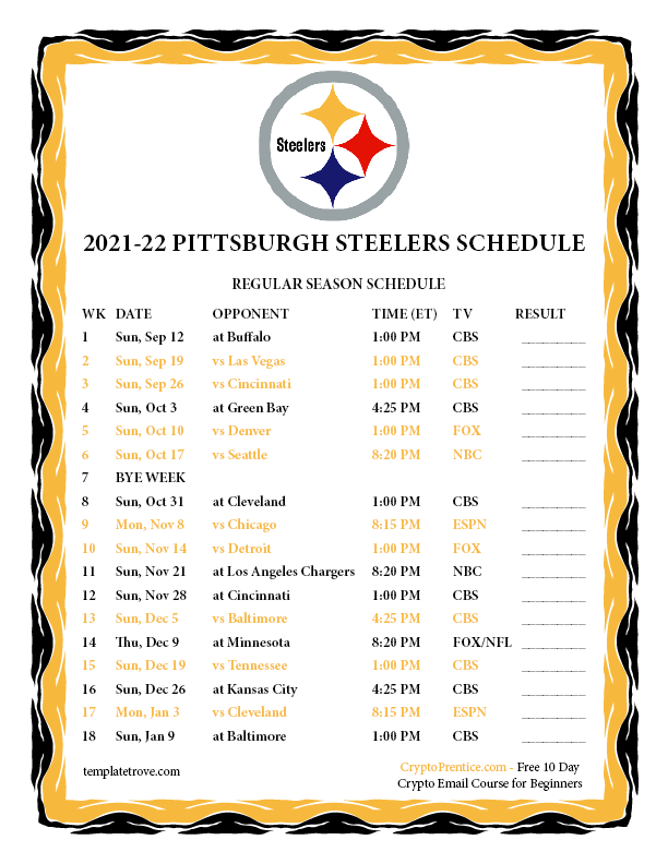 Printable 2021 2022 Pittsburgh Steelers Schedule